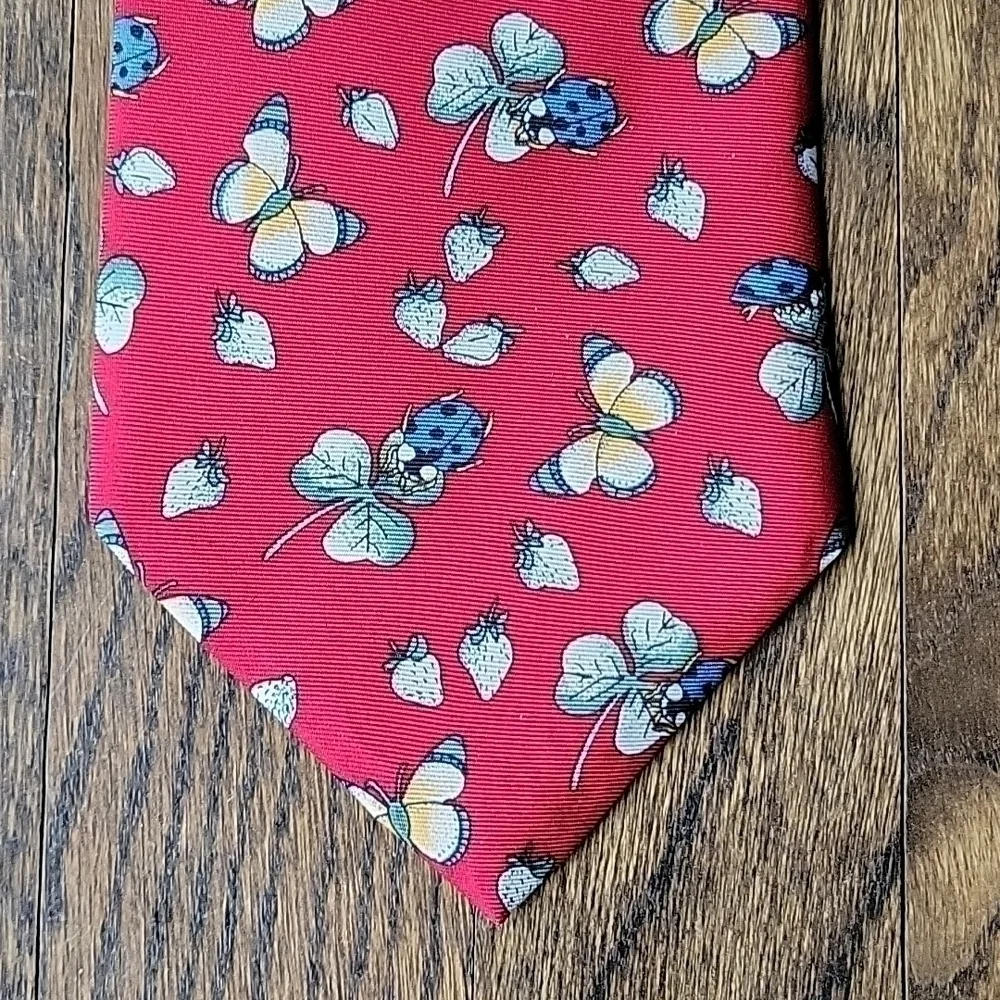 Leidenfalter 100% Silk Repp Berry Lady Bug Clover Blue Red Unisex Necktie Vintag